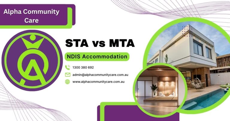 STA vs MTA NDIS accommodation comparison infographic showing 28-day respite versus 90-day transitional housing